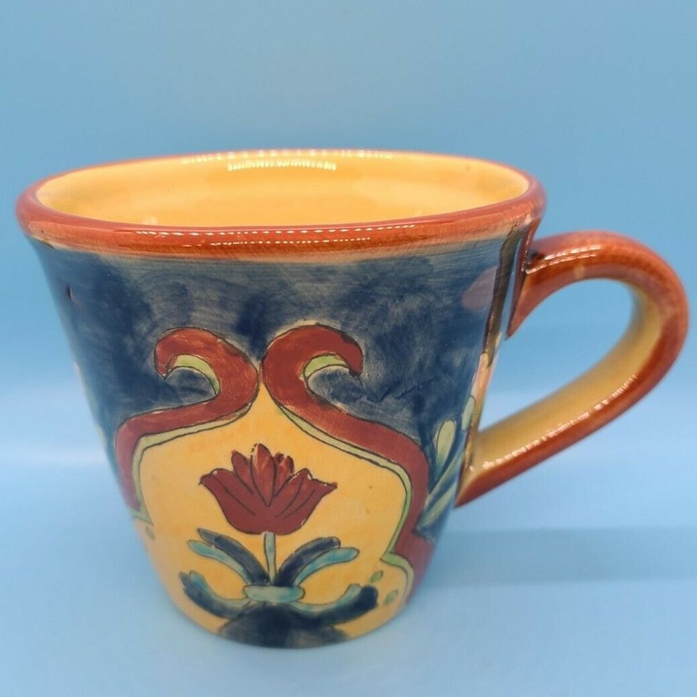 Talavera Mexican Art Large Coffee Mug Cup 16 oz Blue Yellow Brown Made in China